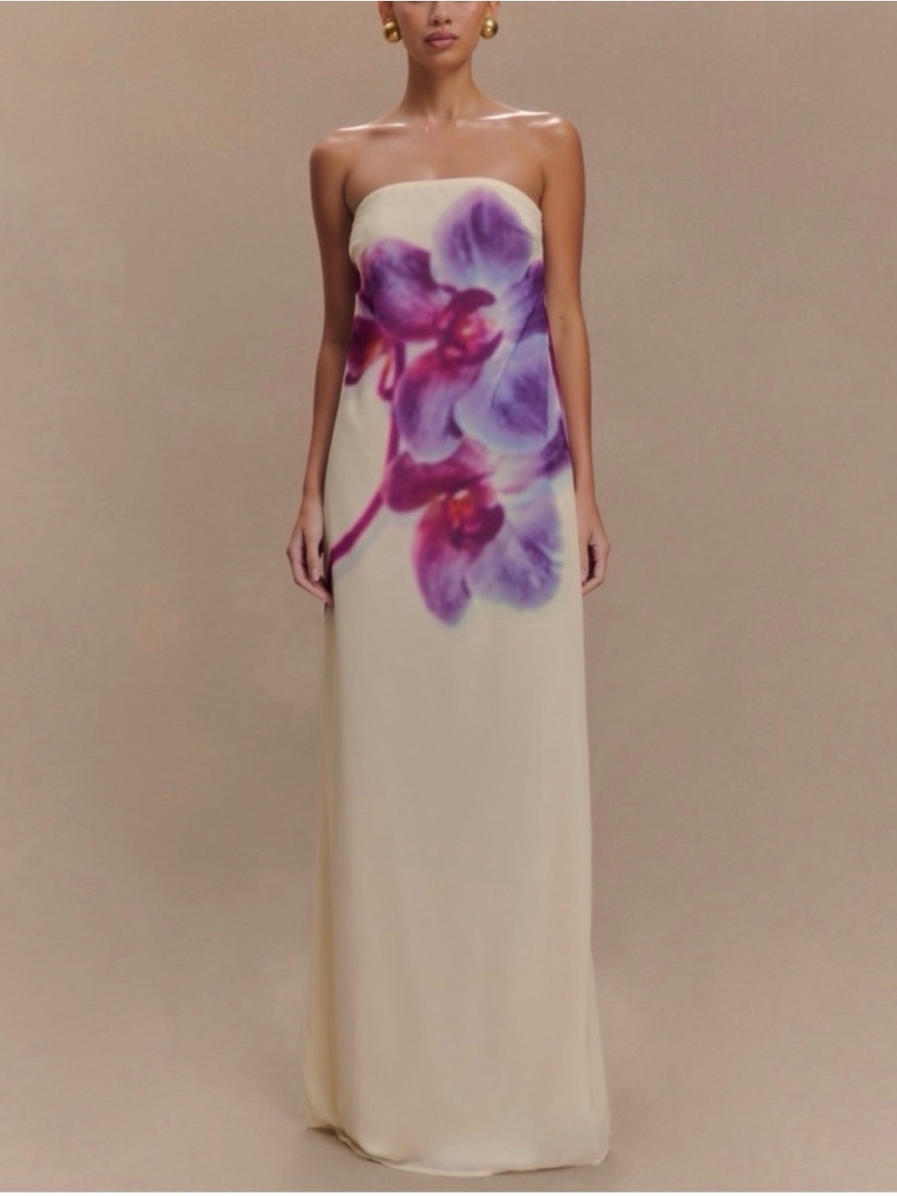 NWT Meshki Strapless Cream Gown with Purple Floral Print